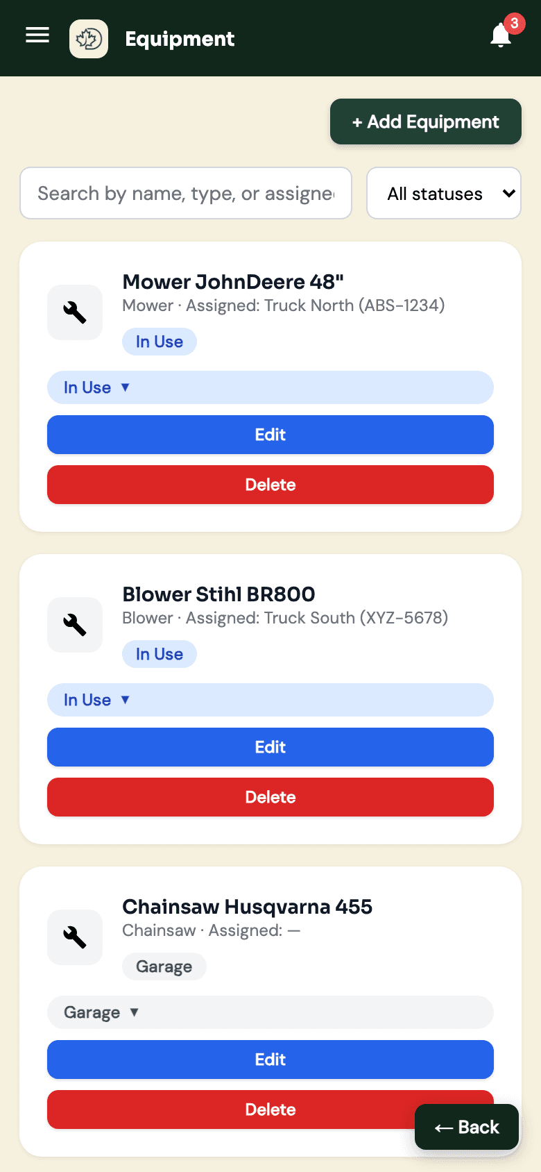 Diocri equipment screen on a phone